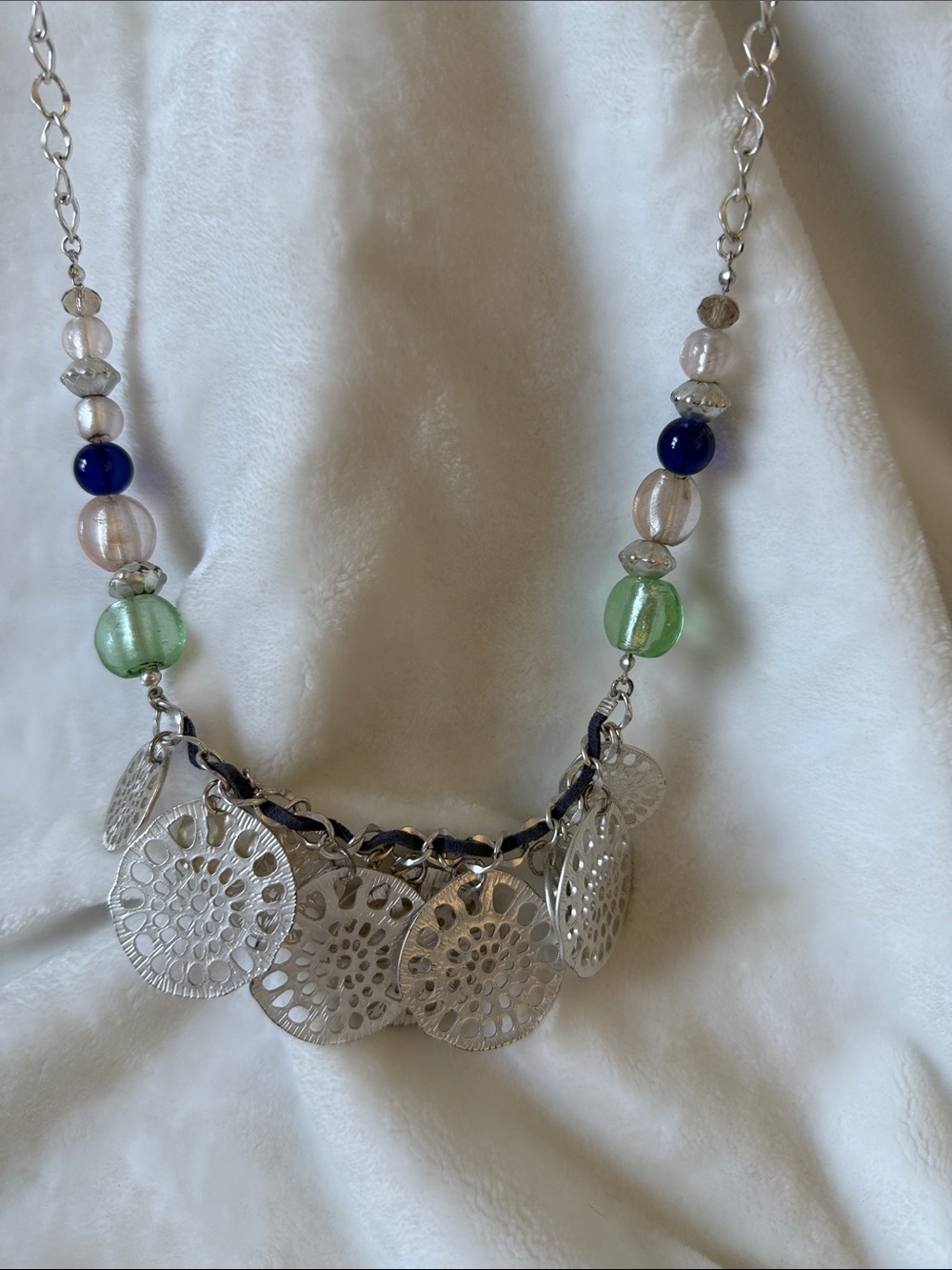 Beaded Pendant Statement Necklace in Green, Blue & Silver
